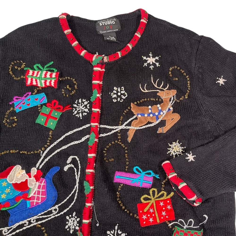 Studio Joy L Black Cardigan Christmas Santa Reindeer Beaded Ugly Sweater Retro